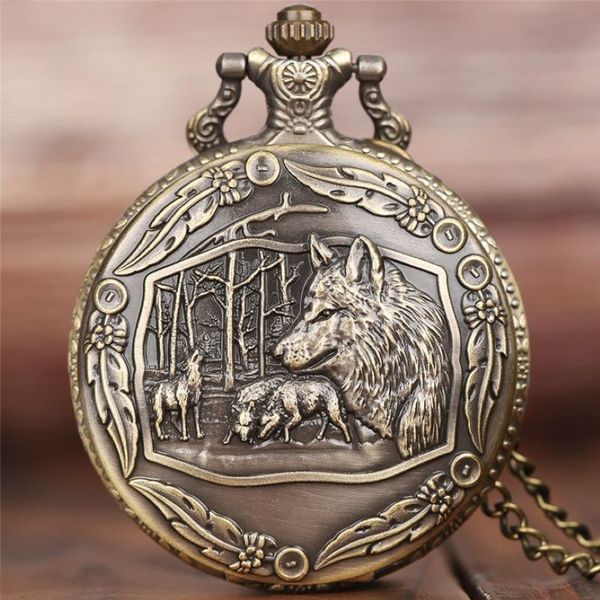 Steampunk selvagem lobo retro bronze quartzo relógio de bolso masculino feminino moda incrível relógio animal com colar corrente gift2163