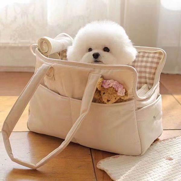 Borsa da viaggio multifunzionale per cani di grande capacità con apertura laterale superiore portatile, adorabili tasche multiple traspiranti e alla moda per il trasporto a tracolla