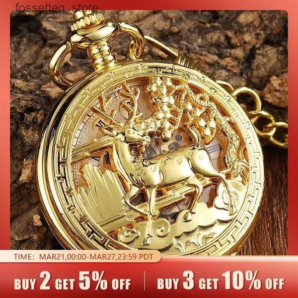 Pocket Watches Golden Hollow Hollow Pattern Pocket Mechanical Vintage Double Side steampunk FOB Relógio Male Chain Chain Men L240322