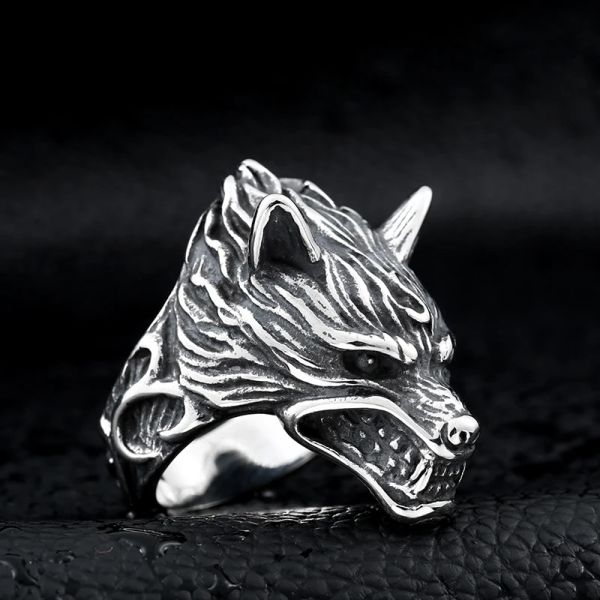 Vintage punk vento lobo touro 14k anel de ouro branco lagarto spartan máscara anéis rock hip hop masculino anel jóias gota