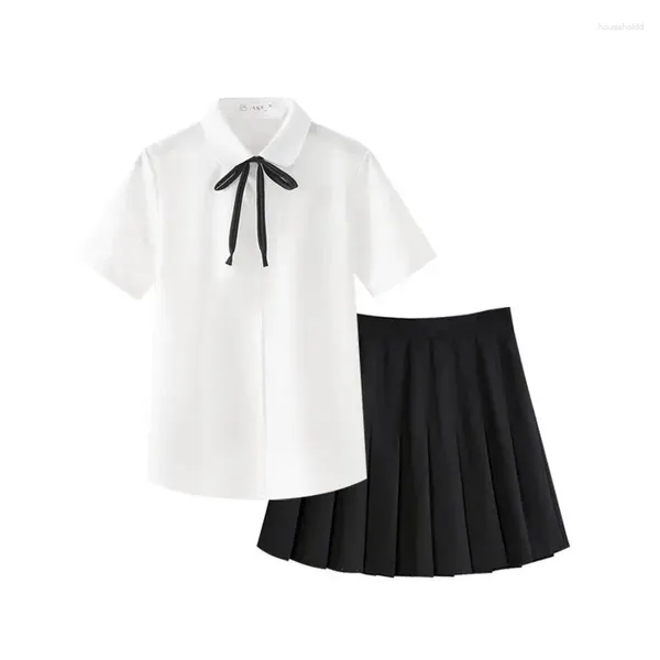 Vestidos de trabalho EBAIHUI Verão Estilo Preppy Uniforme Japonês Camisa JK Saia Plissada Conjunto Blusa de Manga Curta Top Feminino