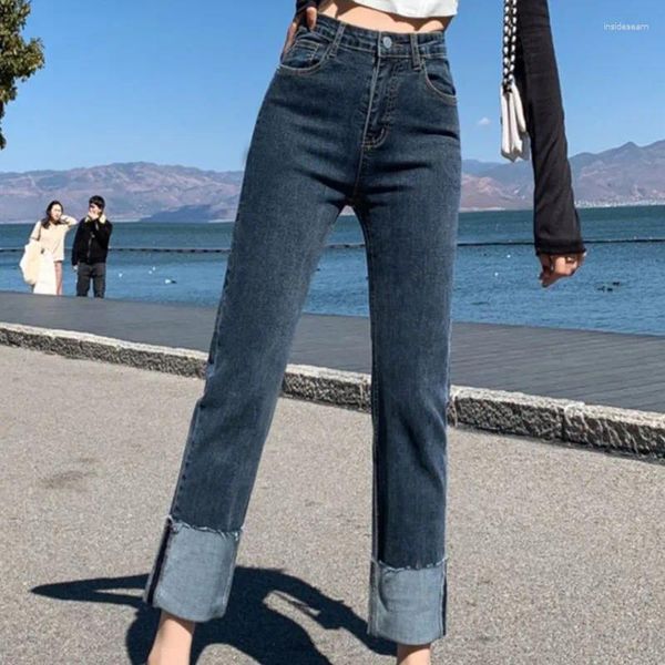 Jeans da donna in denim elastico a vita alta per pantaloni a pipa da fumo dritti con risvolto ampio e vestibilità regolare Dropship di moda classica