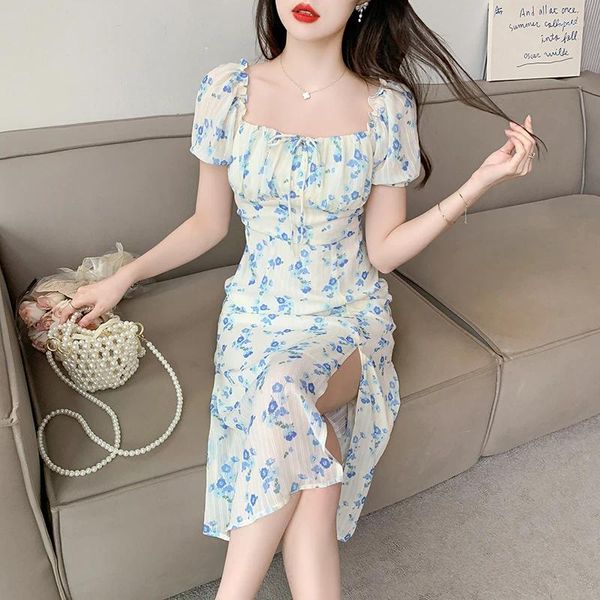 Vestidos de festa 2024 mujer roupas para mulheres yangyang verão fashionsummer flor doce impresso com divisão no vento quebrar ternura