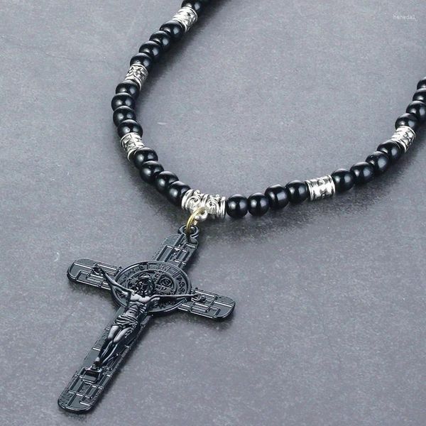 Colares Pingente CottvoCrucifix Jesus Cruz Colar St.Benedict Medalha Preto Frisado Cadeia Christian Beads Pendurados Jóias