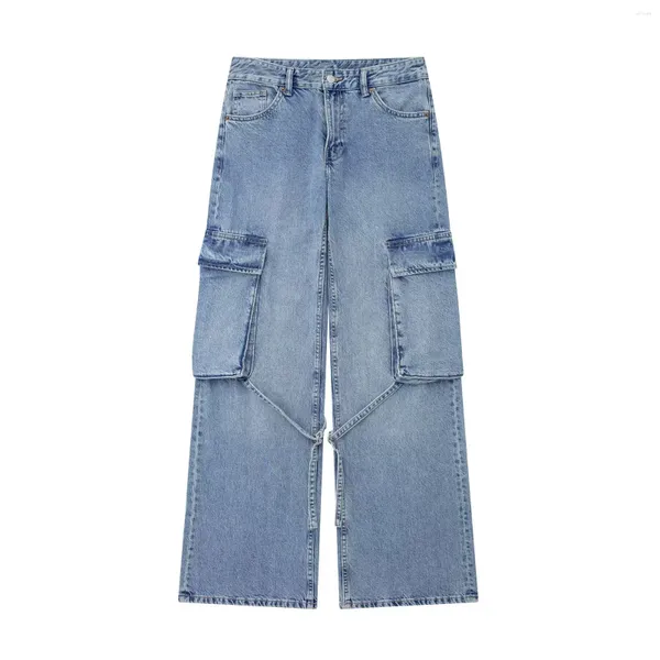 Calças de brim femininas estilo jeans feminino 2024 primavera/verão picante meninas rua moda cinta decoração bolso trabalho terno meados cintura loos