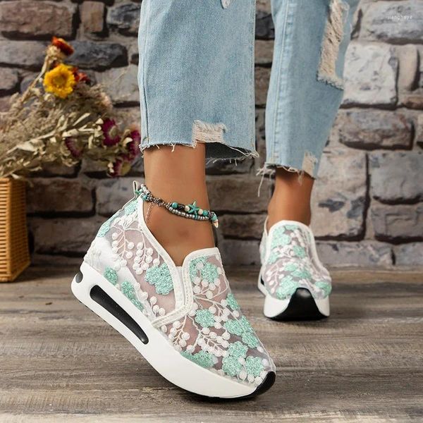 Sapatos casuais zapatillas primavera outono feminino malha tênis flor feminina verão plataforma inclinação salto respirável