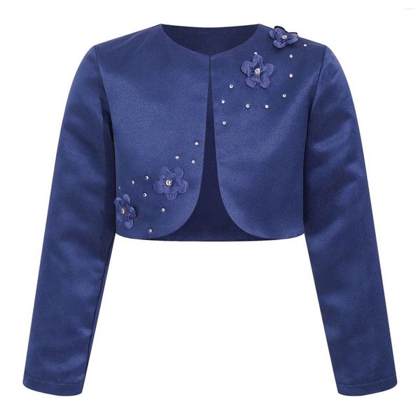 Jaquetas Crianças Meninas Bolero Strass Cetim Casaco Curto Manga Longa Frente Aberta Totalmente Forro Shrug Cardigan Vestido Acessório