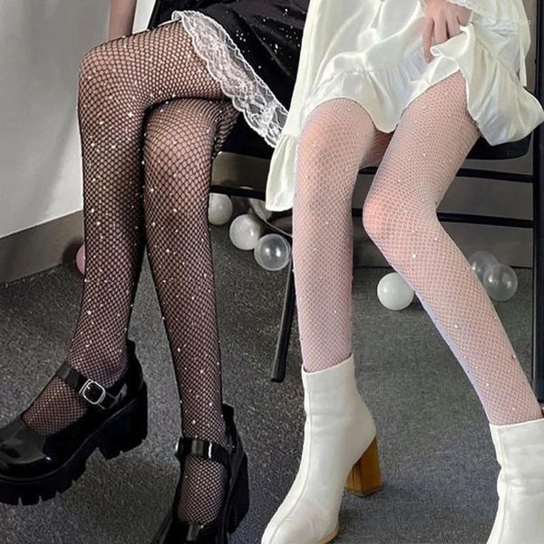 Mulheres meias calcinhas de diamante de pesca sexy para moda calças de rede brilhantes feminino slim strass em meias de malha preta de nylon