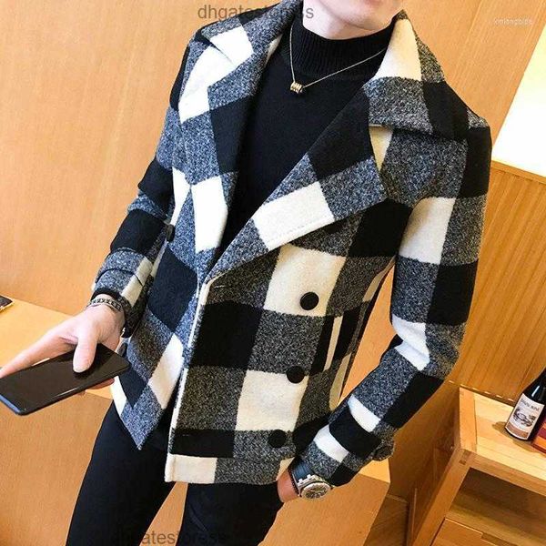 Jaquetas masculinas 2023 inverno curto casaco de lã duplo breasted design casual blusão moda retro tartan jaqueta