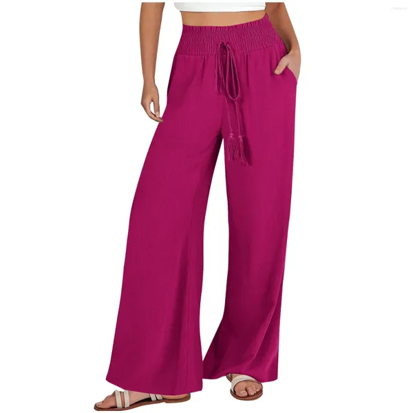 Frauenhose Damen Jogginghose Weitbein Leinen für Frauen elastischer Kordelstring Taille Lose lässige Hosen Sommer Beach Boho Day Kee