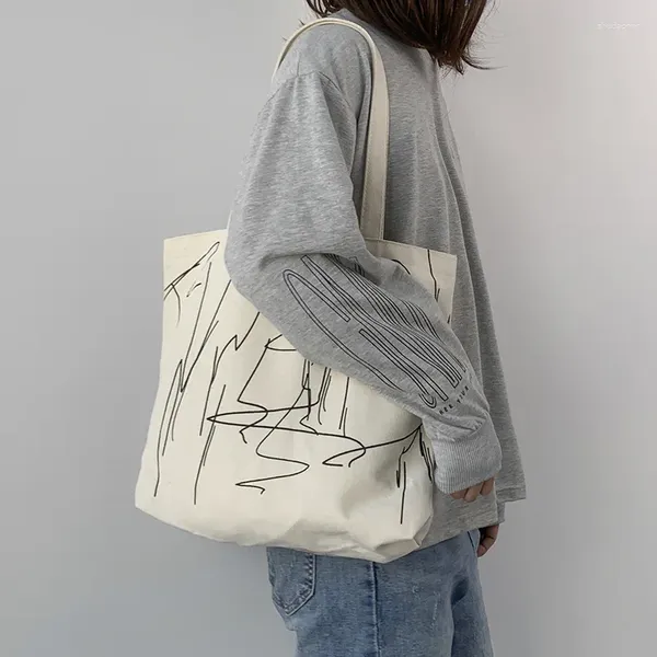 Borse per la spesa INS Minimalismo Tote Bag per la signora 2024 Cartoon Canvas Spalla Donne Studenti Panno di cotone Eco Shopper Bolsas