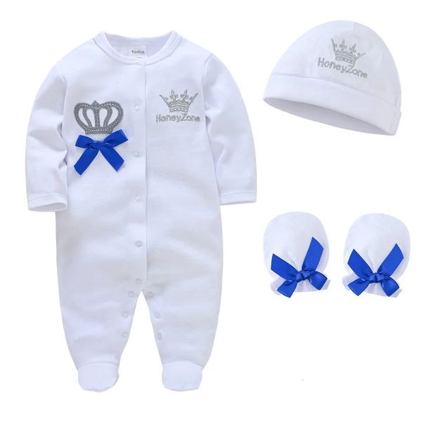 Nascido Bebê Meninos Romper Royal Crown Prince 100% Algodão Conjunto de Roupas com Cap Luvas Infantil Menina OnePieces Footies Sleepsuits 240313