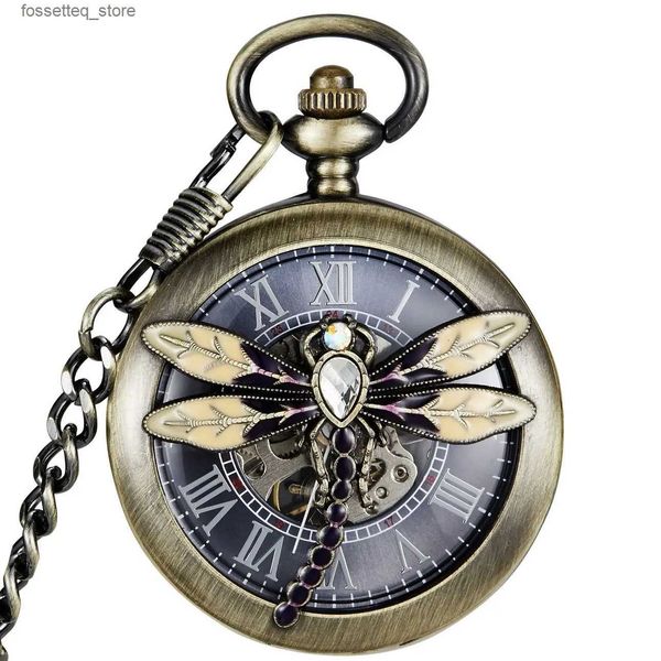 Orologi da tasca Dragonfly Luxury Strass Tasca meccanica scheletrata con catena FOB Orologio in metallo in acciaio Carica manuale Ciondolo medico L240322