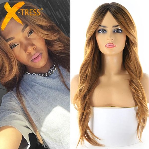 Perucas sintéticas para mulheres negras longo ondulado lado parte peruca de cabelo com franja ombre cor marrom natural macio cosplay penteado xtress