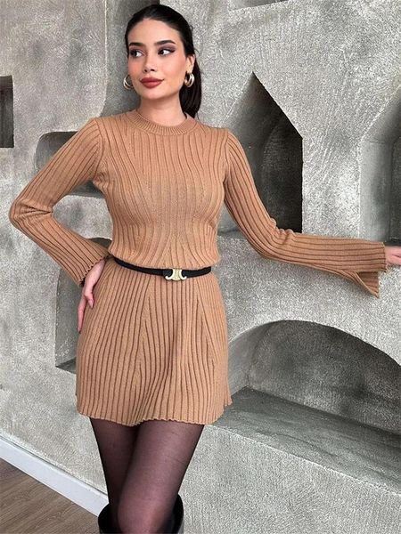 Lässige Kleider Strickpullover Minikleid für Frauen gerippt Patchwork Mode Langarm hohe Taille lose elegante Strickwaren Kleidung