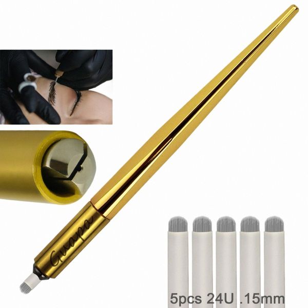 Manual de ouro Tebori Pen Sobrancelha Indutor para Microblading Eyeliner Lip 3D Pen PMU Accories com 0,15 mm 24 pinos U Shaped Blade v1AM #