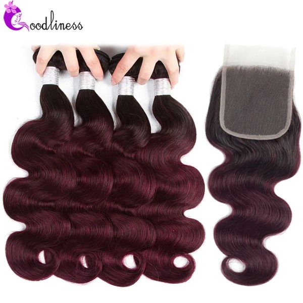 Verschluss Ombre Bundles Mit Verschluss 1B Burgund 99j Bundles Mit Verschluss Brasilianische 4 + 1 Körper Welle Bundles Mit Verschluss remy PrePlucked