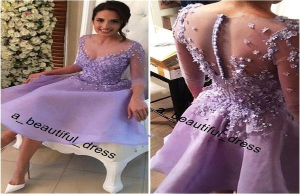 Lilás ilusão mangas curtas renda a linha vestido de baile tule 3d renda apliques curto baile de formatura vestidos de cocktail6587824