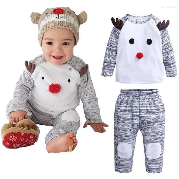 Giyim Setleri Ren geyiği erkek bebek kıyafetleri Noel kostümleri doğdu t-shirt pantolon 2 parça takım elbise geyik bebek tulum polar kıyafeti