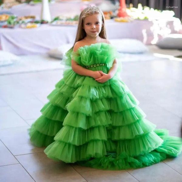 Abiti da ragazza Verde Abito a fiori su misura Tulle Principessa Prima Comunione Bambini Compleanno Abito da bambino Treno lungo