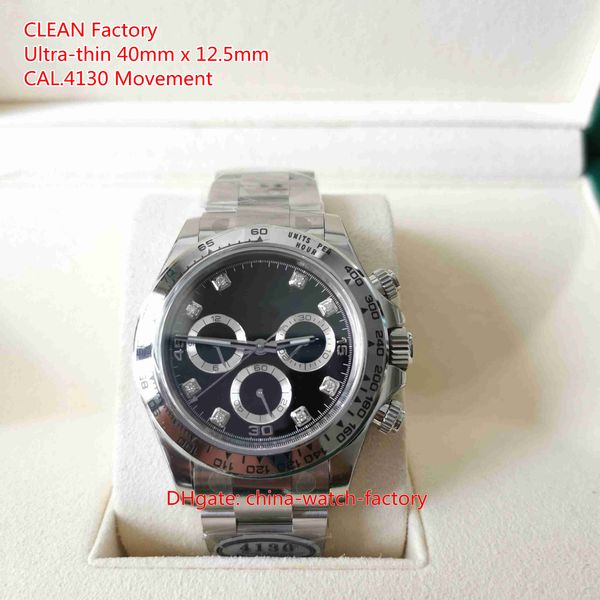 CLEAN Factory Herrenuhr, ultradünn, 40 mm x 12,5 mm, Cosmograph 116520, Diamant-Zifferblatt, Chronograph, Sportuhren, Saphir-Kaliber CAL.4130, Automatik-Herrenarmbanduhren