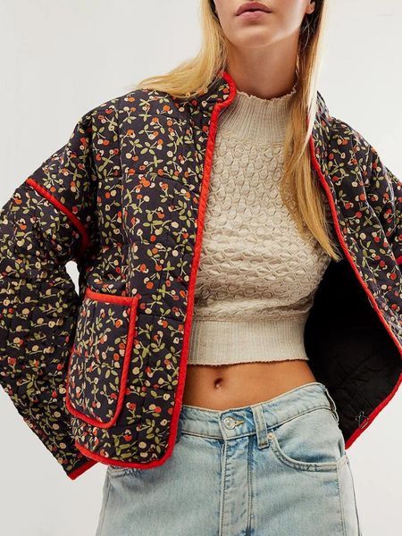 Jaquetas femininas Mulheres Cropped Puffer Jaqueta Floral Impressão Leve Curto Acolchoado Stand Collat Casaco Acolchoado Frente Aberta Inverno Outwear