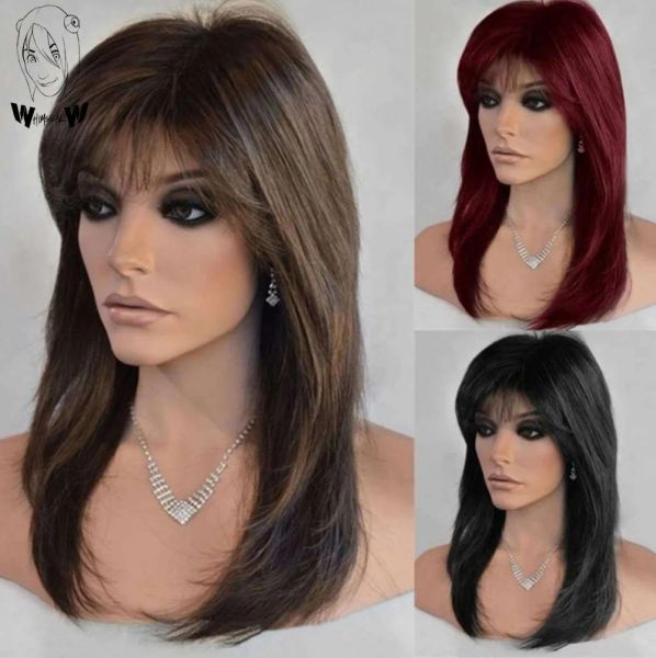 Perucas caprichosas w moda feminina longa reta perucas sintéticas para mulheres peruca de onda natural com bang cosplay festa cabelo resistente ao calor