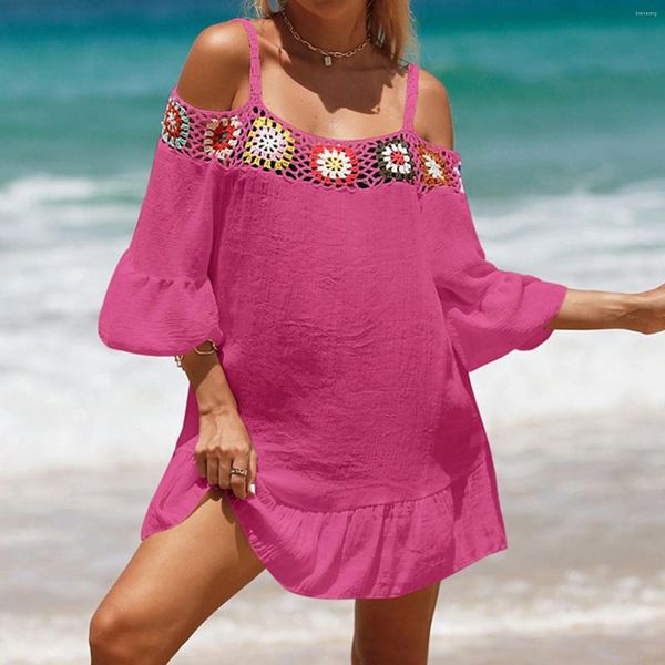 Lässige Kleider Cover Up Sexy Strandkleid Frauen 2024 Kalte Schulter Sommerkleid Sommer Beachwear Vestidos Crochet Hollow Out Cover-Ups