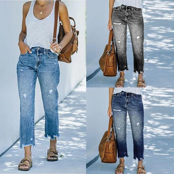 Jeans da donna Pantaloni dritti da donna Fori Lavaggio Vestibilità ampia Vita alta Tasche in denim Cerniera piatta alla caviglia Streetwear