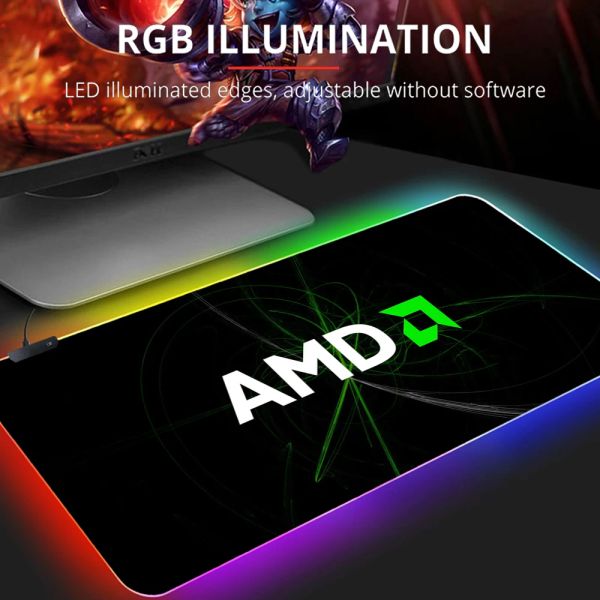 Almofadas AMD Logo Gaming Mousepad Jogo Slipmat RGB Led Configuração Gamer Decoração Legal Brilhante Mouse Mat Pc Republic of Gamers com Tapete de Cabo