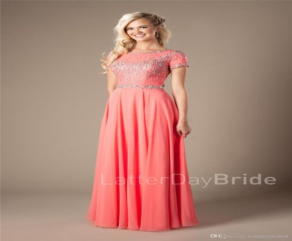 Coral longo vestidos de baile modesto com mangas curtas frisado corpete elegante coral adolescentes formal vestido de noite barato robe de soire1097841