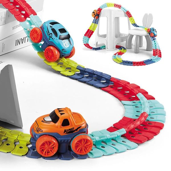 Carro ferroviário flexível brinquedos pista mutável com corrida de luz LED DIY montado conjunto de corrida brinquedo criativo para crianças 240313