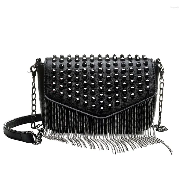 Omuz çantaları moda püskül elmaslar marka tasarımı mini zincir çanta crossbody siyah deri perçinler kadın bolsa kese bir ana