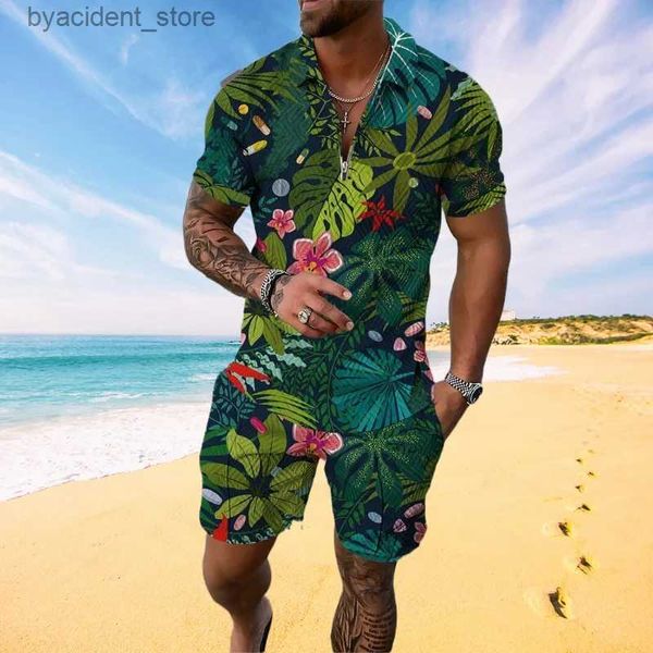 Tracksuits masculinos Floral Planta 3D Imprimir Verão Homens Sweatsuit Set Casual Zipper Collar Camisa Polo e Shorts 2pcs Conjuntos de roupas de estilo de férias L240320