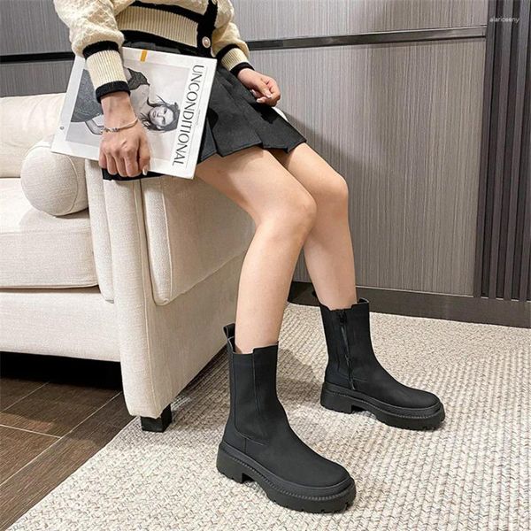 Botas femininas de malha retalhos pu tornozelo estilo britânico rendas até meias de sola grossa sapatos senhoras dedo do pé redondo casual plataforma saltos bota