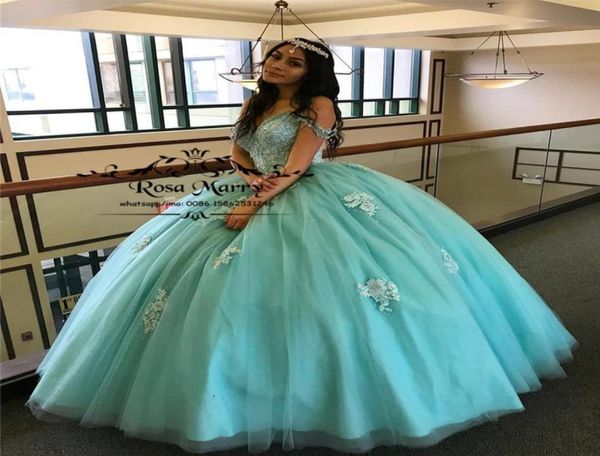 Mavi Tatlı 16 Quinceanera Elbiseler 2020 Balo Eşyası Omuz Vintage Dantel Artı Boyut Ucuz Debutante Vestidos 15 Anos Balo GOWNS5370848