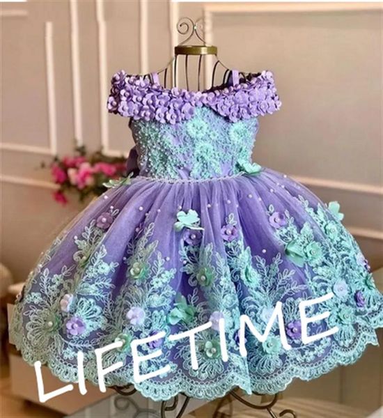 Kız Elbiseler Sevimli Özelleştirilmiş Bebek Dantel İnciler Omuzdan Toddler Pageant Gowns Küçük Doğum Günü İlk Cemaat