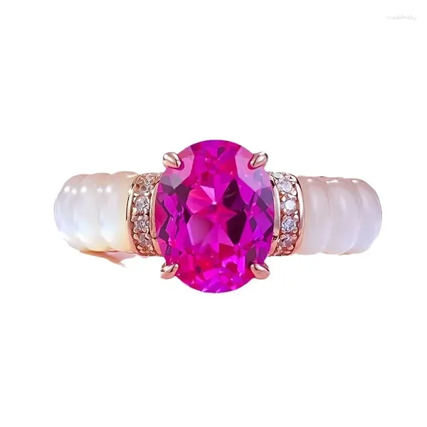 Anéis de cluster Primavera Qiaoer 18k banhado a ouro 925 prata esterlina 7/9mm oval rubi alto carbono diamante anel de pedra preciosa para mulheres jóias finas