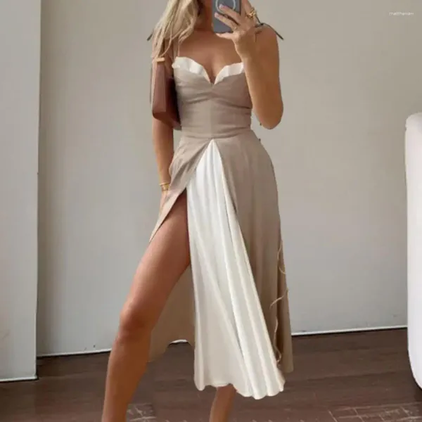 Vestidos casuais mulheres vestido de festa senhora noite elegante bola banquete midi com corte baixo v pescoço alto divisão hem sem costas para baile