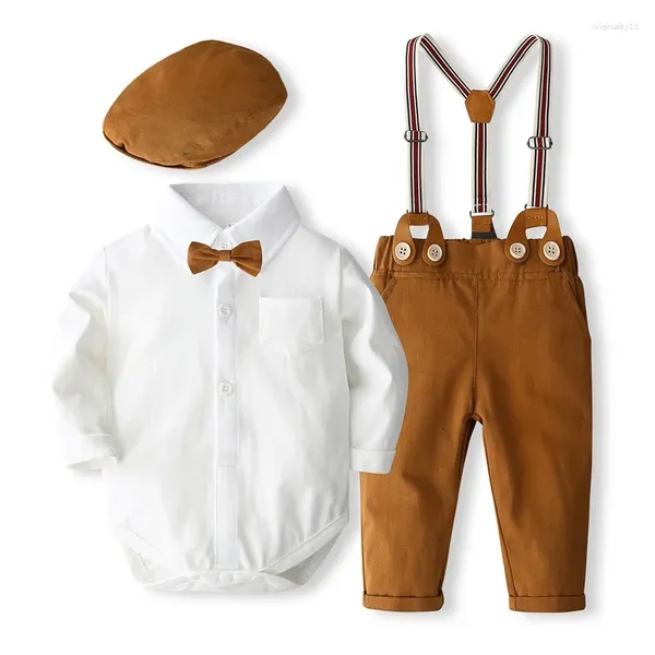 Conjuntos de roupas bebê menino roupa formal terno infantil cavalheiro vestido camisa com laço suspender calças chapéu casamento convidado conjunto