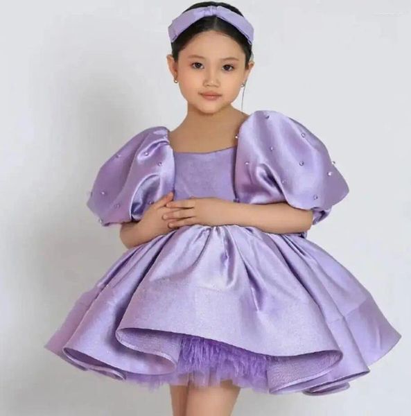 Vestidos de menina lilás vestido de flor inchado com mangas curtas puff pérolas decoração vestido de festa aniversário primeira comunhão