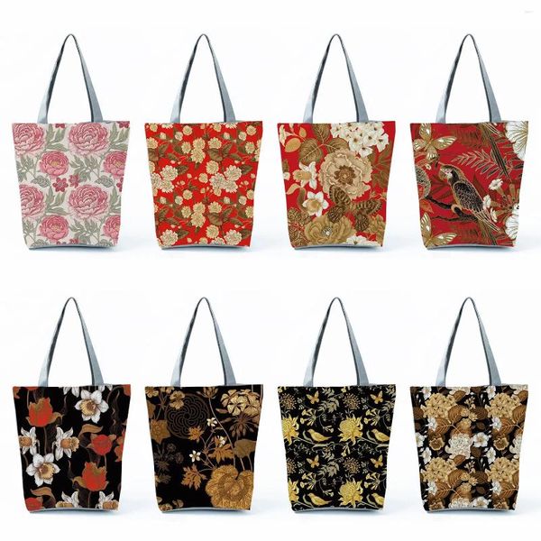 Tote Tote Seyahat Eko Yeniden Kullanılabilir Kişilik Günlük Depolama Çantaları Katlanabilir Omuz Çantaları Parlak Renkler Sanat Çiçek Baskı Alışveriş Çantası