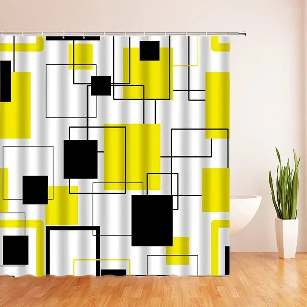 Tende da doccia Set di tende geometriche gialle e nere Set di strisce a scacchi 3D astratte Design moderno Arte Bagno creativo con ganci