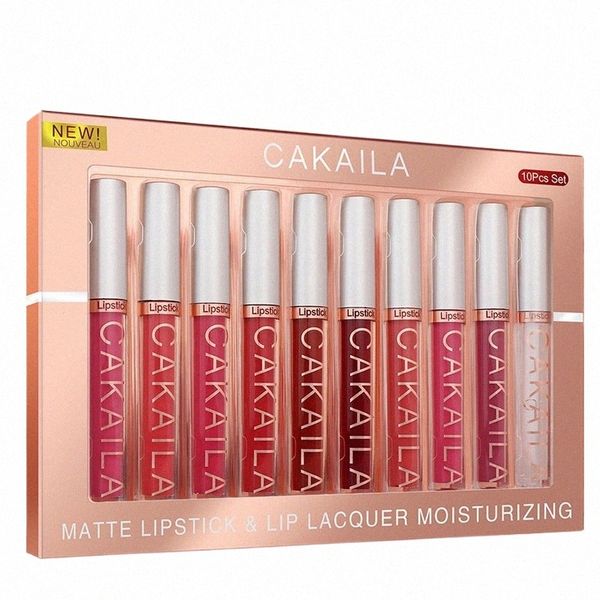 10pcs / set Matte Líquido Lip Gloss Batom Lg Duradouro N-stick Cup Maquiagem Não Fade Lip Glaze Kit Presentes Maquiagem Beleza Saúde b9yl #