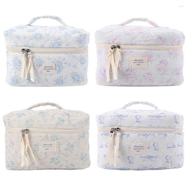 Borse per cosmetici Borsa per trucco floreale da donna Borsa da viaggio estetica trapuntata di grande capacità Borsa portatile morbida da toilette