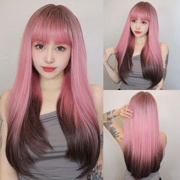 Parrucche Ombre Nero Rosa Parrucca sintetica diritta con frangia Parrucche lunghe per capelli naturali per donne Capelli colorati resistenti al calore Cosplay
