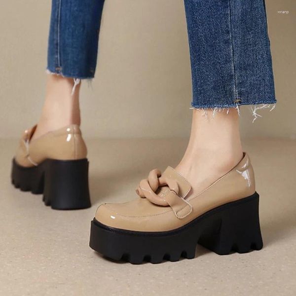 Sapatos de vestido 2024 primavera e outono moda feminina salto alto corrente boca rasa cabeça quadrada casual sola grossa anti deslizamento único