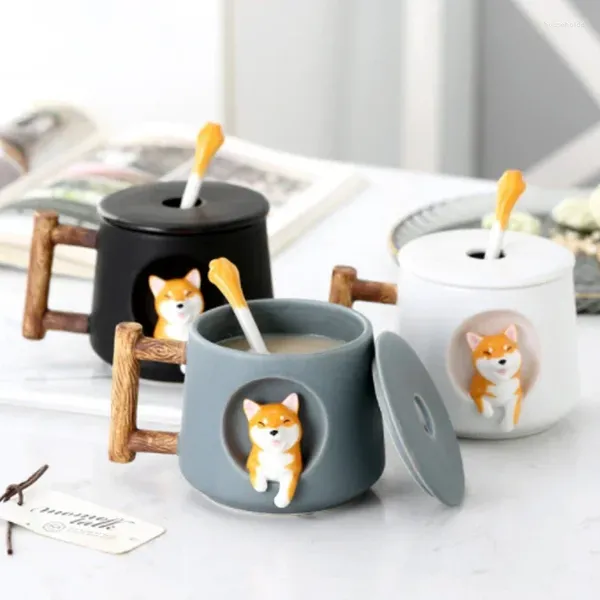 Canecas Bonito Dos Desenhos Animados Animal Shiba Inu Cerâmica Caneca Criativo Homens e Mulheres Casal com Tampa Colher Beber Água Café Xícara