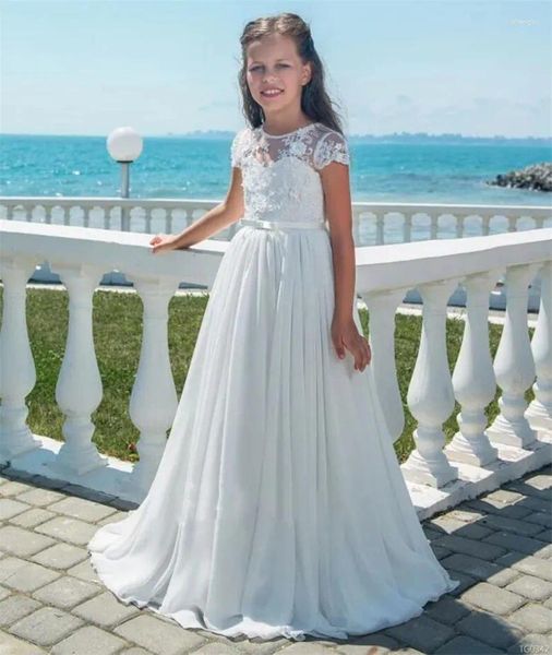 Mädchenkleider Weiße Blumenmädchen für Hochzeiten Blumenspitze Chiffon Erstkommunionkleid Sheer Neck Kinderkleidung