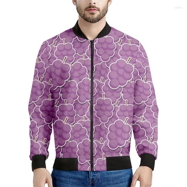 Herrenjacken Bunte Traubengrafik Reißverschluss Männer 3D-gedruckter Obstmantel Tops Straße Lässige Reißverschlussjacke Langarm Bomber Sweatshirt